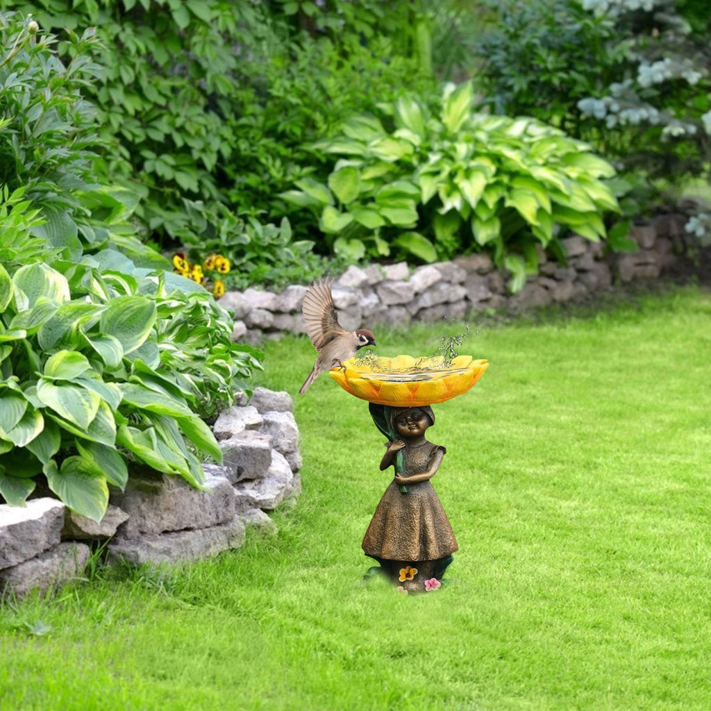 Sunflower Garden Girl Bird Bath