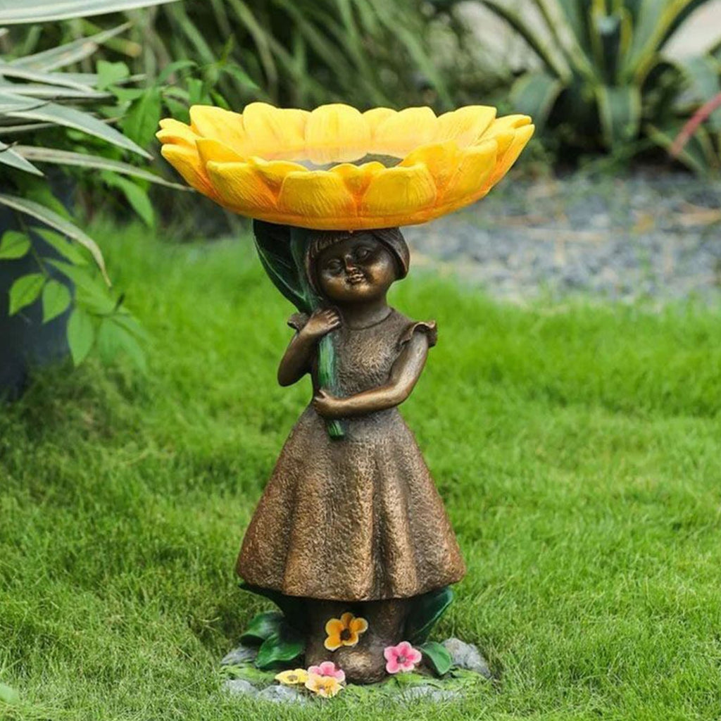 Sunflower Garden Girl Bird Bath