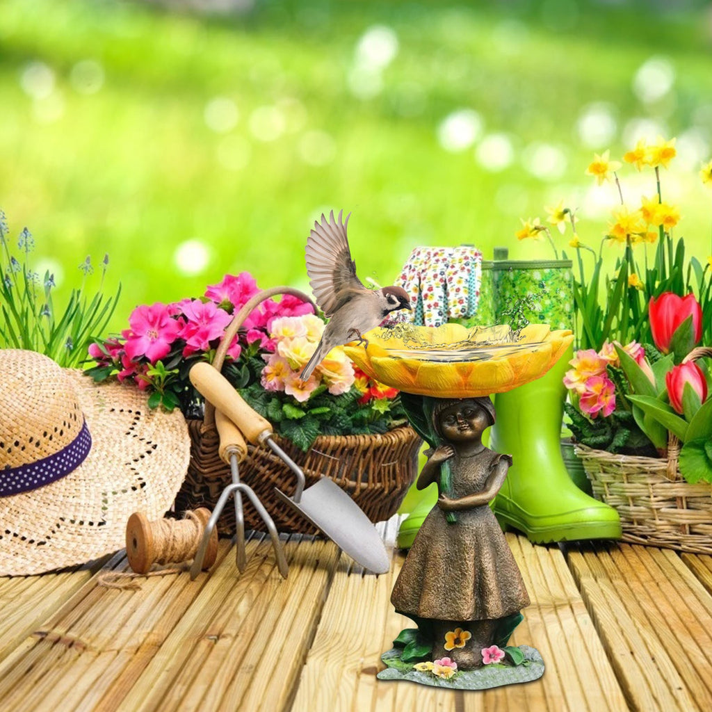 Sunflower Garden Girl Bird Bath